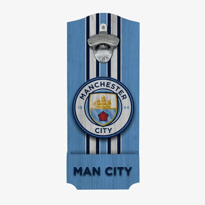 Manchester City Soccer Club Wooden Bottle Opener With Built-In Cap Catcher