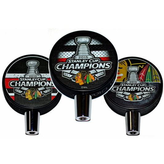 Chicago Blackhawks Stanley Cup Champions Hockey Puck Beer Tap Handle Set 2010, 2013, And 2015