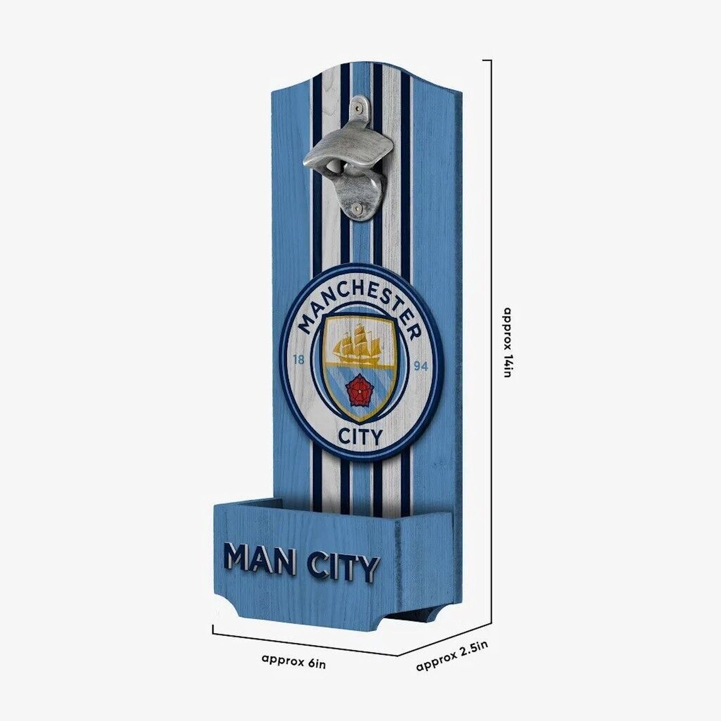 Manchester City Soccer Club Wooden Bottle Opener With Built-In Cap Catcher
