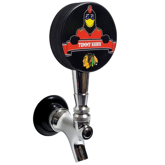 Chicago Blackhawks Tommy Hawk Mascot Hockey Puck Beer Tap Handle