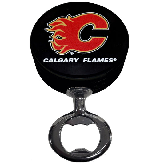 Calgary Flames Black Nickel Colored FULCRUM Series Hockey Puck Bottle Opener