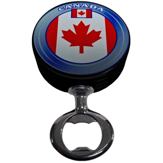 Canadian Flag Black Nickel Colored FULCRUM Series Hockey Puck Bottle Opener