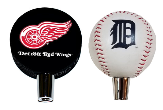 Detroit Red Wings Hockey Puck And Detroit Tigers Baseball Beer Tap Handle Set
