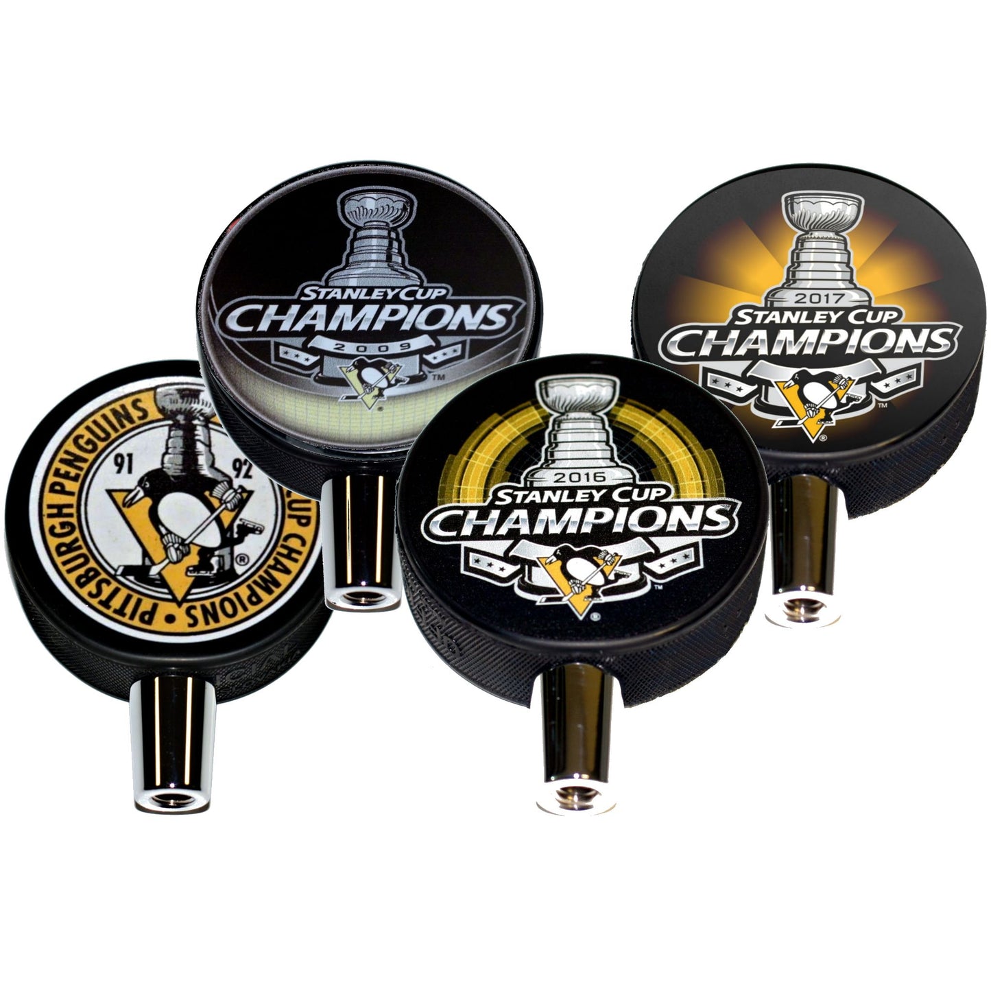 Pittsburgh Penguins NHL Stanley Cup Champions Hockey Puck Beer Tap Handle Set 1992, 2009, 2016 And 2017