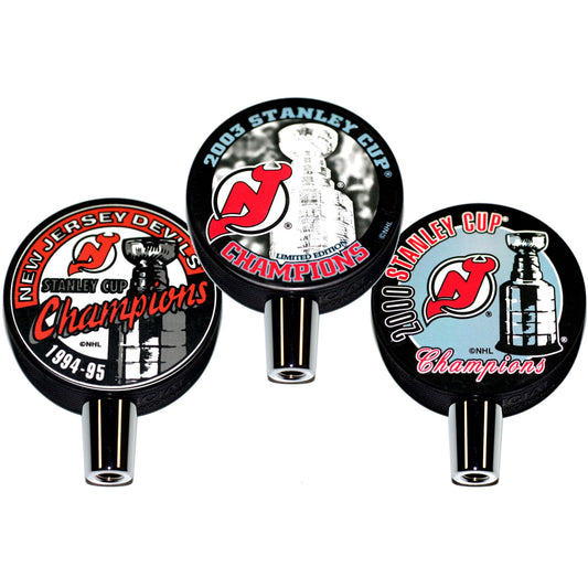 New Jersey Devils NHL Stanley Cup Champions Hockey Puck Beer Tap Handle Set 1995, 2000 And 2003
