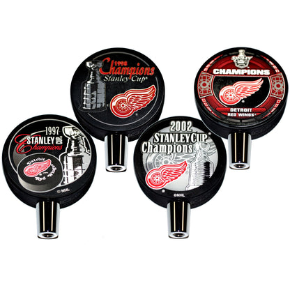 Detroit Red Wings Stanley Cup Champions Hockey Puck Beer Tap Handle Set 1997, 1998, 2002 And 2008