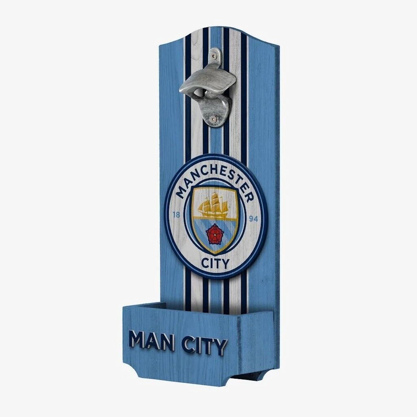 Manchester City Soccer Club Wooden Bottle Opener With Built-In Cap Catcher