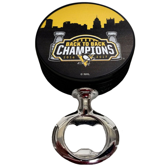 Pittsburgh Penguins Back To Back 2016-2017 Stanley Cup Champions FULCRUM Series Hockey Puck Bottle Opener