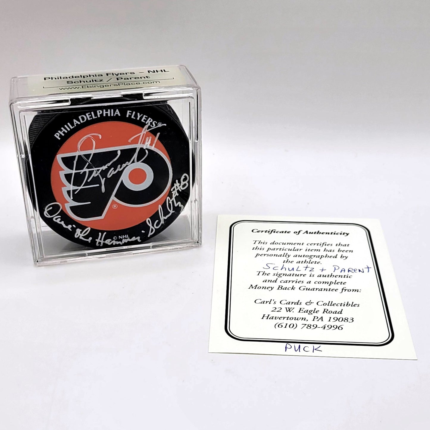 Philadelphia Flyers Bernie Parent & Dave Schultz Autographed Hockey Puck With COA