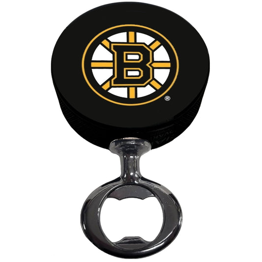 Boston Bruins Black Nickel Colored FULCRUM Series Hockey Puck Bottle Opener