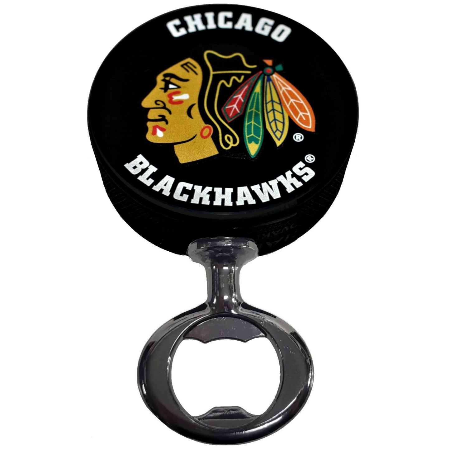 Chicago Blackhawks Black Nickel Colored FULCRUM Series Hockey Puck Bottle Opener