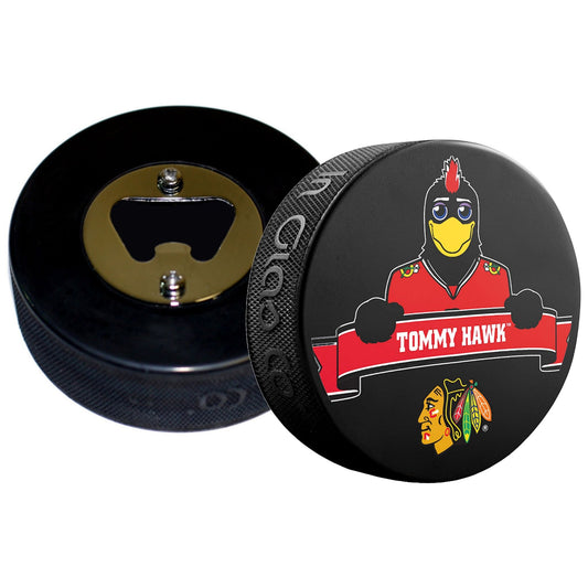 Chicago Blackhawks Mascot Tommy Hawk Hockey Puck Bottle Opener