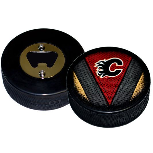 Calgary Flames Stitch Series Hockey Puck Bottle Opener