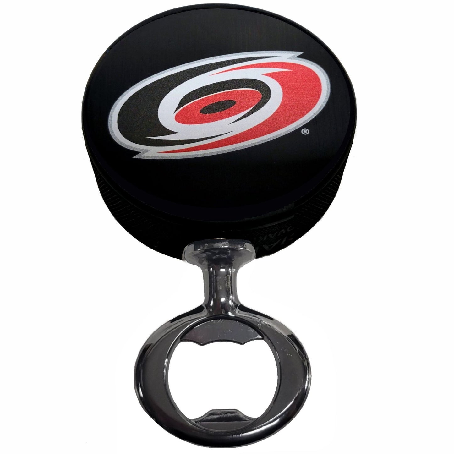 Carolina Hurricanes Black Nickel Colored FULCRUM Series Hockey Puck Bottle Opener