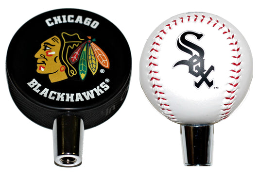 Chicago Blackhawks Hockey Puck And Chicago White Sox Baseball Beer Tap Handle Set