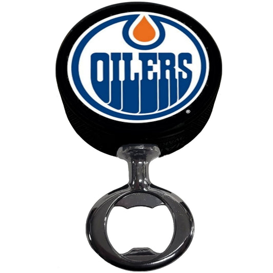 Edmonton Oilers Black Nickel Colored FULCRUM Series Hockey Puck Bottle Opener