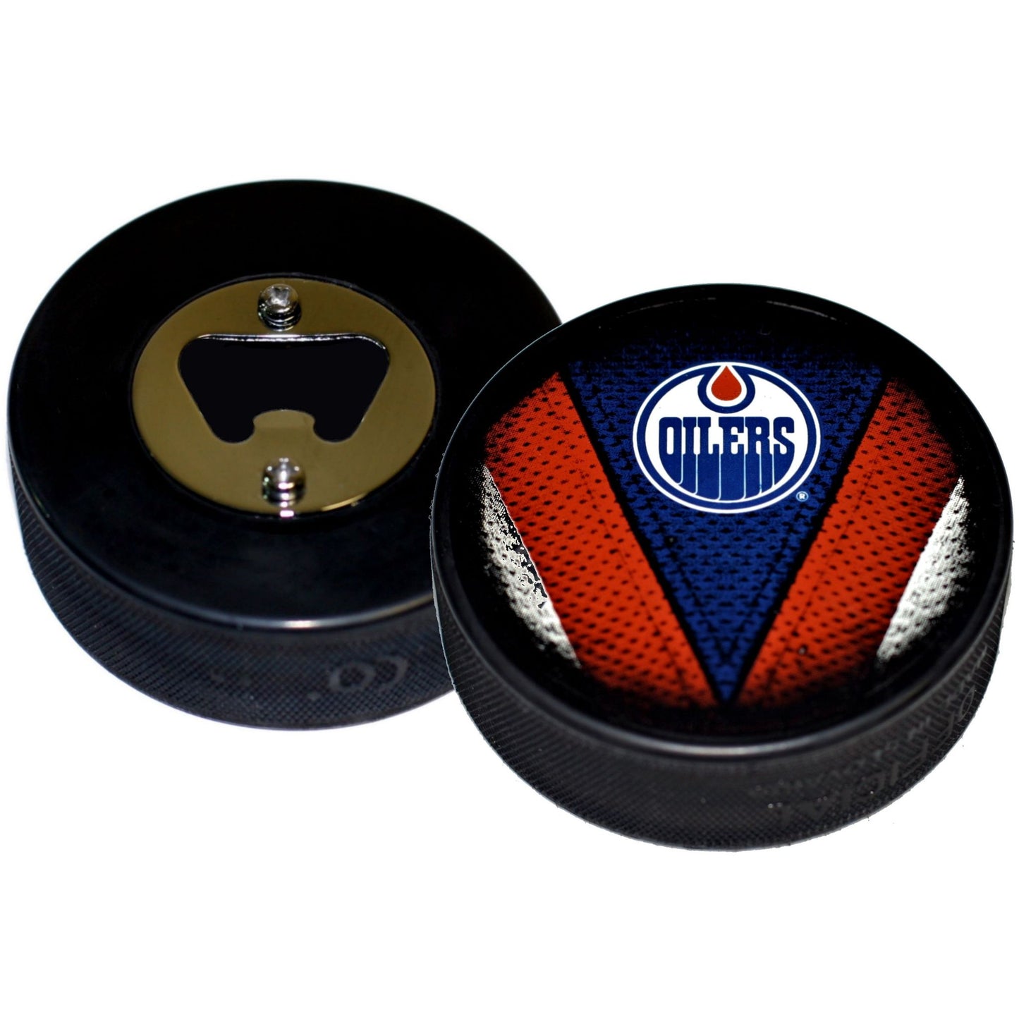 Edmonton Oilers Stitch Series Hockey Puck Bottle Opener