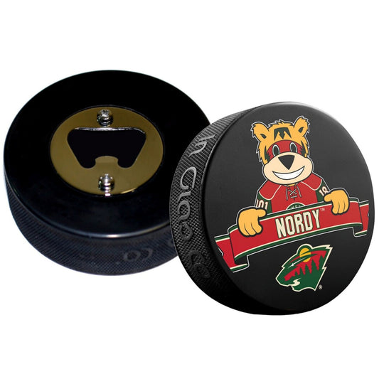 Minnesota Wild Mascot Nordy Hockey Puck Bottle Opener