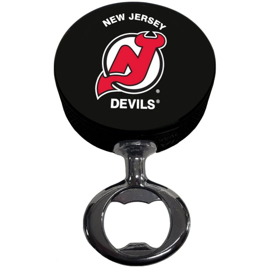 New Jersey Devils Black Nickel Colored FULCRUM Series Hockey Puck Bottle Opener