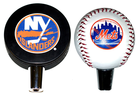New York Islanders Hockey Puck And New York Mets Baseball Beer Tap Handle Set