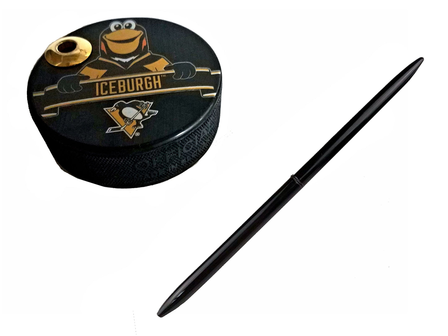 Pittsburgh Penguins Mascot Iceburgh Artisan Hockey Puck Desk Pen Holder With Pen