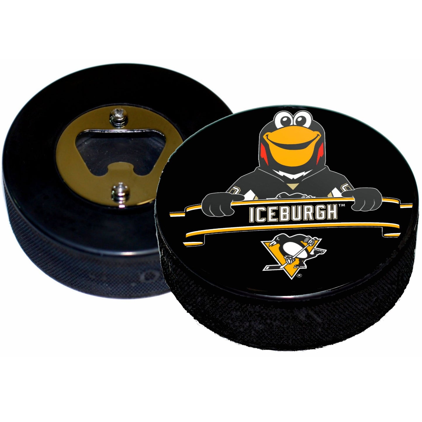 Pittsburgh Penguins Mascot Iceburgh Hockey Puck Bottle Opener