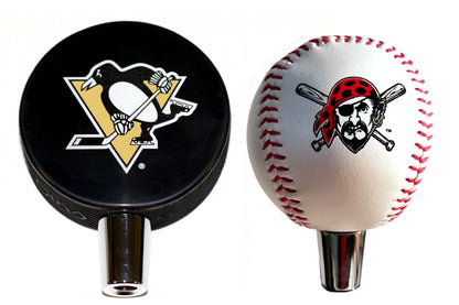 Pittsburgh Penguins Hockey Puck And Pittsburgh Pirates Baseball Beer Tap Handle Set