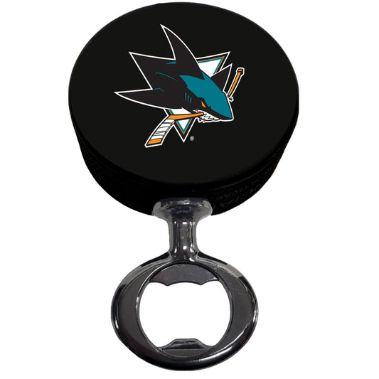 San Jose Sharks Black Nickel Colored FULCRUM Series Hockey Puck Bottle Opener