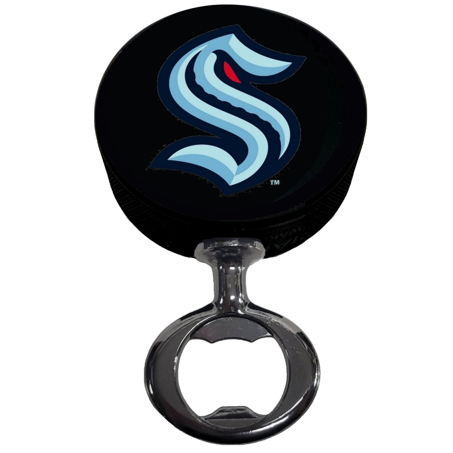 Seattle Kraken Black Nickel Colored FULCRUM Series Hockey Puck Bottle Opener