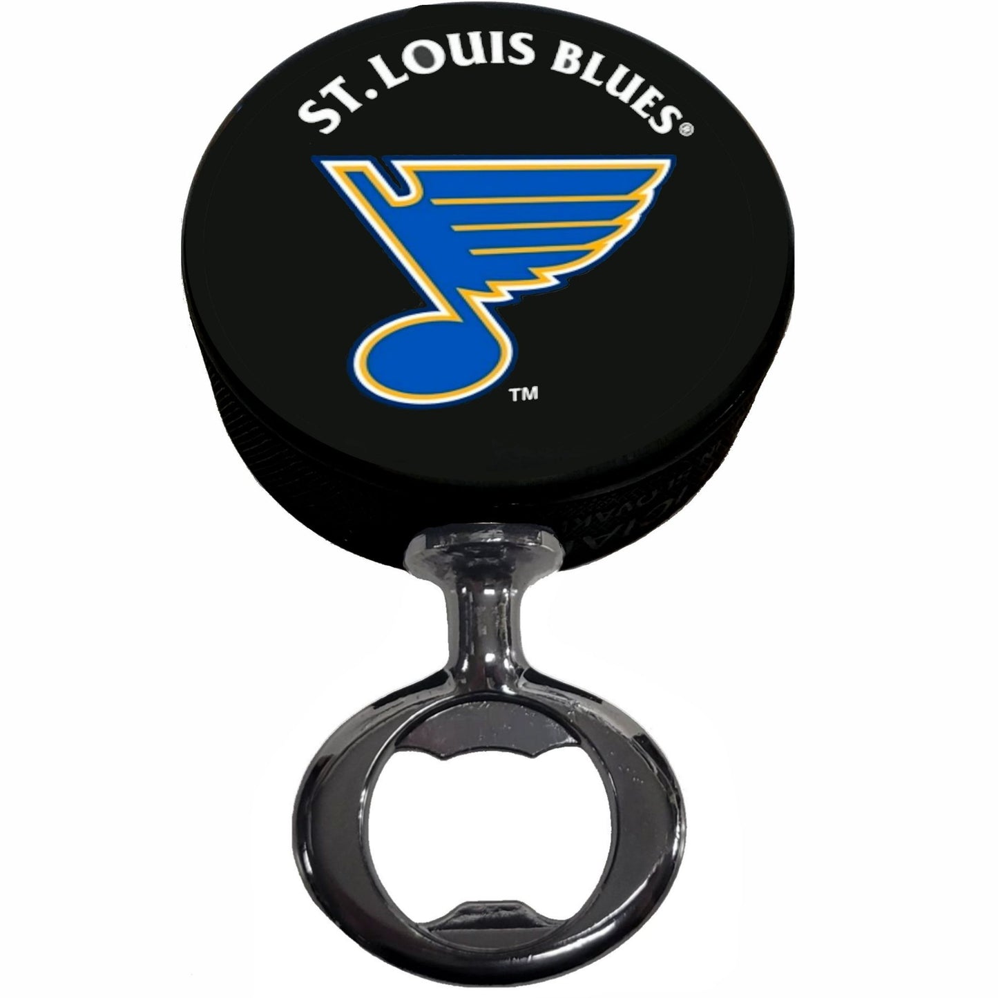 St. Louis Blues Black Nickel Colored FULCRUM Series Hockey Puck Bottle Opener