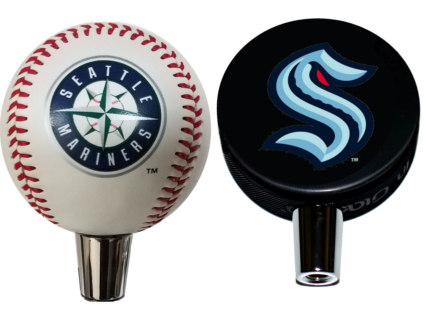 Seattle Kraken Basic Series Hockey Puck And Seattle Mariners Baseball Beer Tap Handle Set