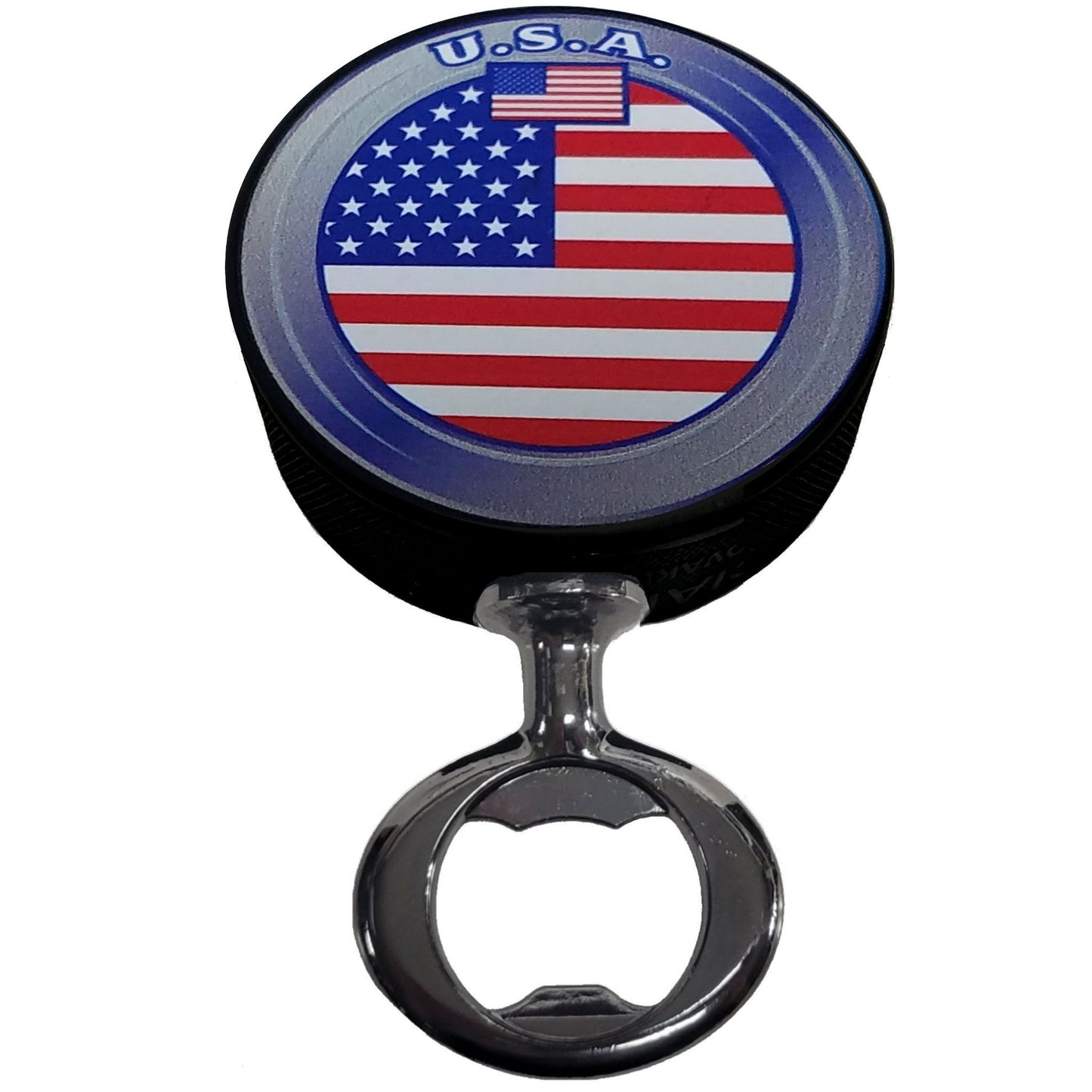 US Flag Black Nickel Colored FULCRUM Series Hockey Puck Bottle Opener