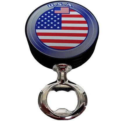 US Flag Fulcrum Series Hockey Puck Bottle Opener