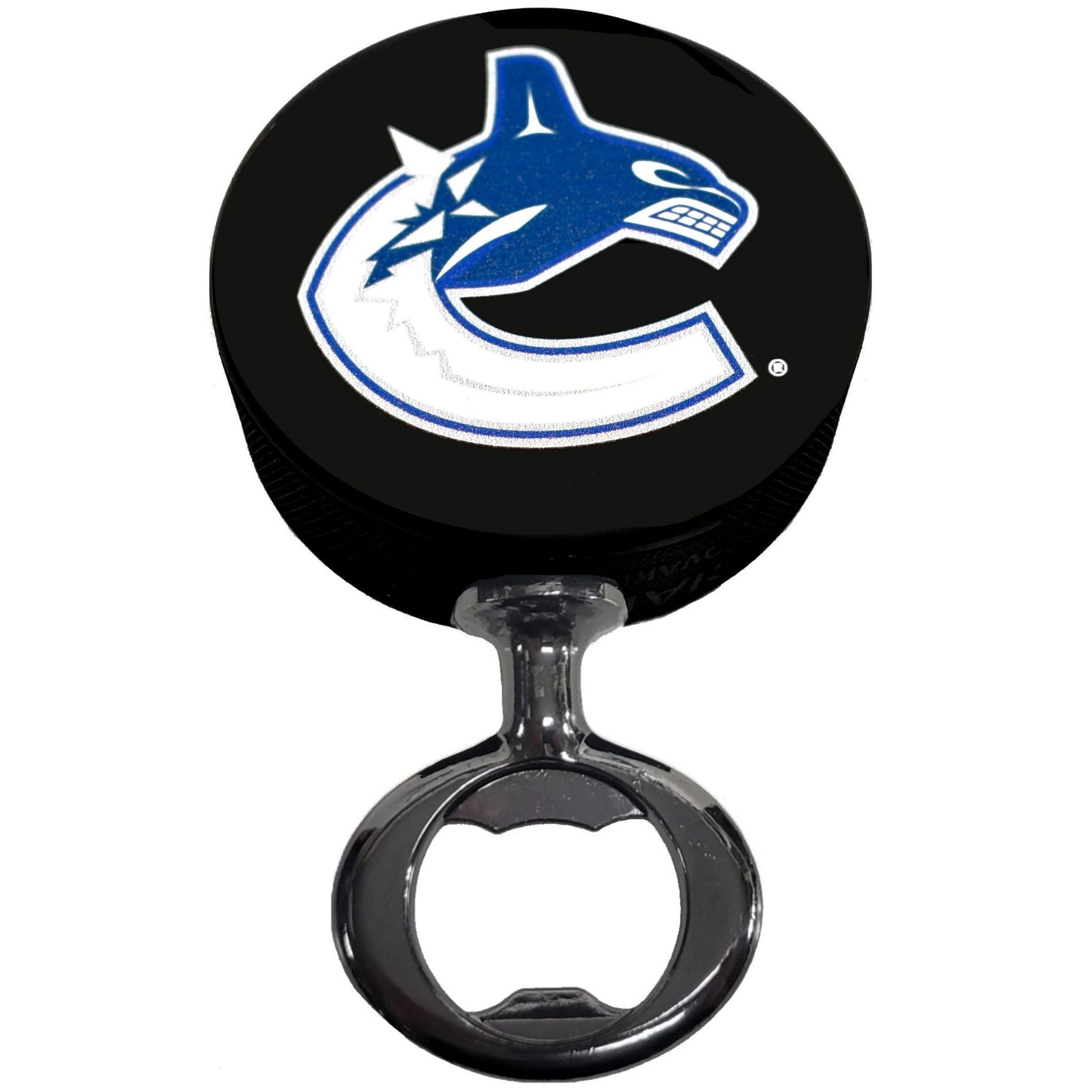 Vancouver Canucks Black Nickel Colored FULCRUM Series Hockey Puck Bottle Opener