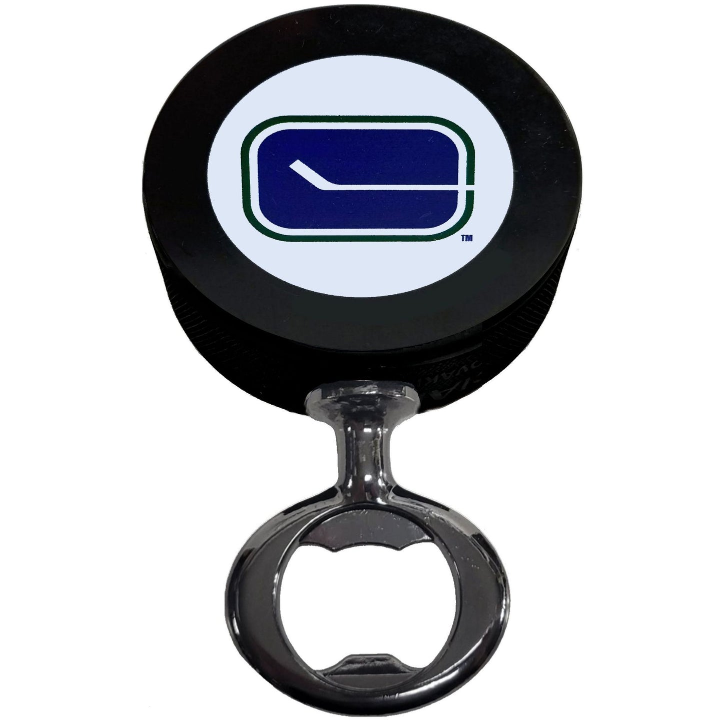 Vancouver Canucks Vintage Series Black Nickel Colored FULCRUM Series Hockey Puck Bottle Opener