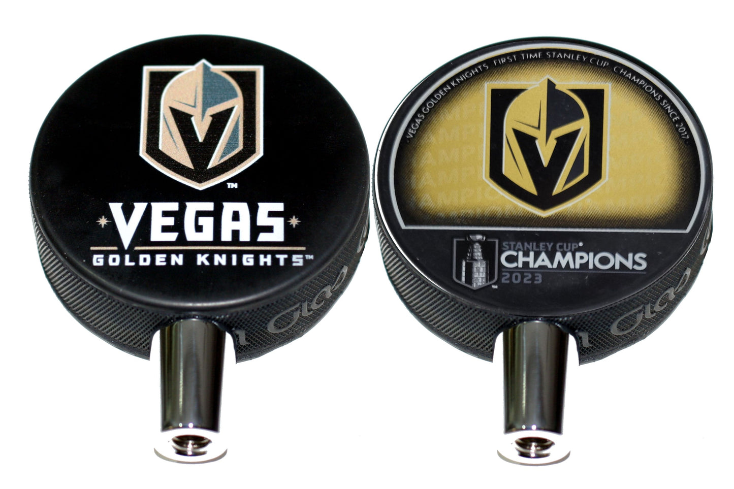 Vegas Golden Knights Basic Series and 2023 Champions Hockey Puck Beer Tap Handle Set