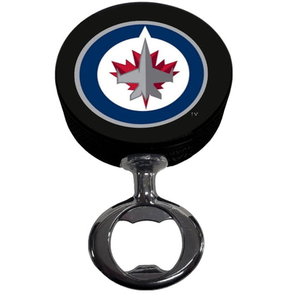 Winnipeg Jets Black Nickel Colored FULCRUM Series Hockey Puck Bottle Opener